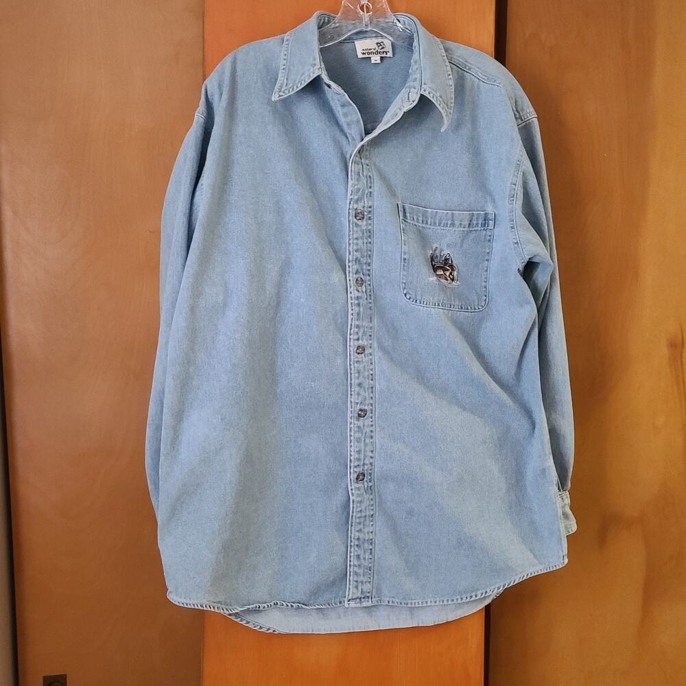 Mens Natural Wonders LS Wolf Denim Shirt Howling At The Moon Medium Blue